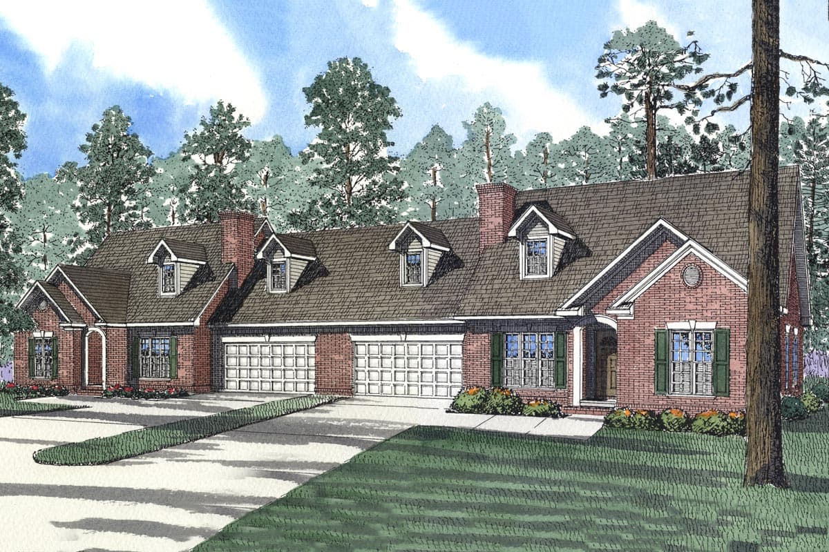 House plan exterior, one-story brick building with three-car garage, dormers, and gables.
