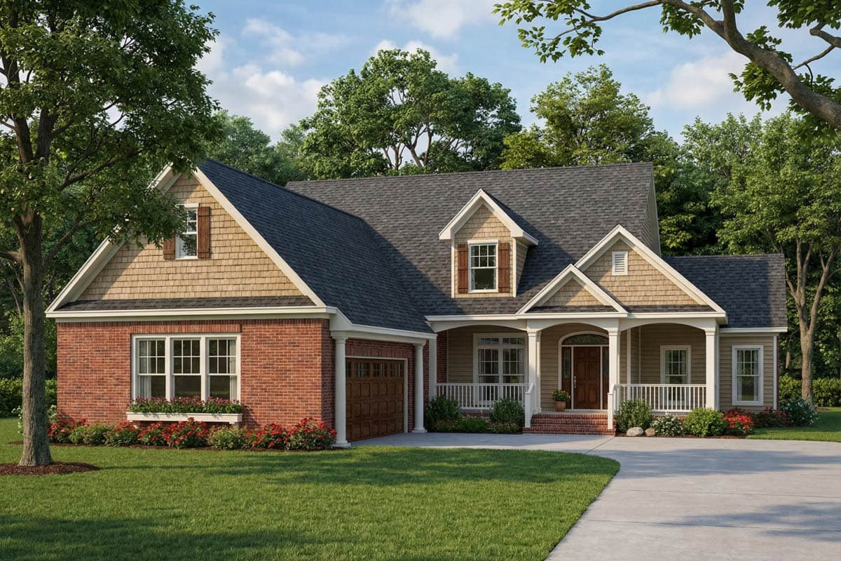 House plan exterior: Traditional style, two-story home with brick and shingle siding, front-entry garage, and covered front porch.