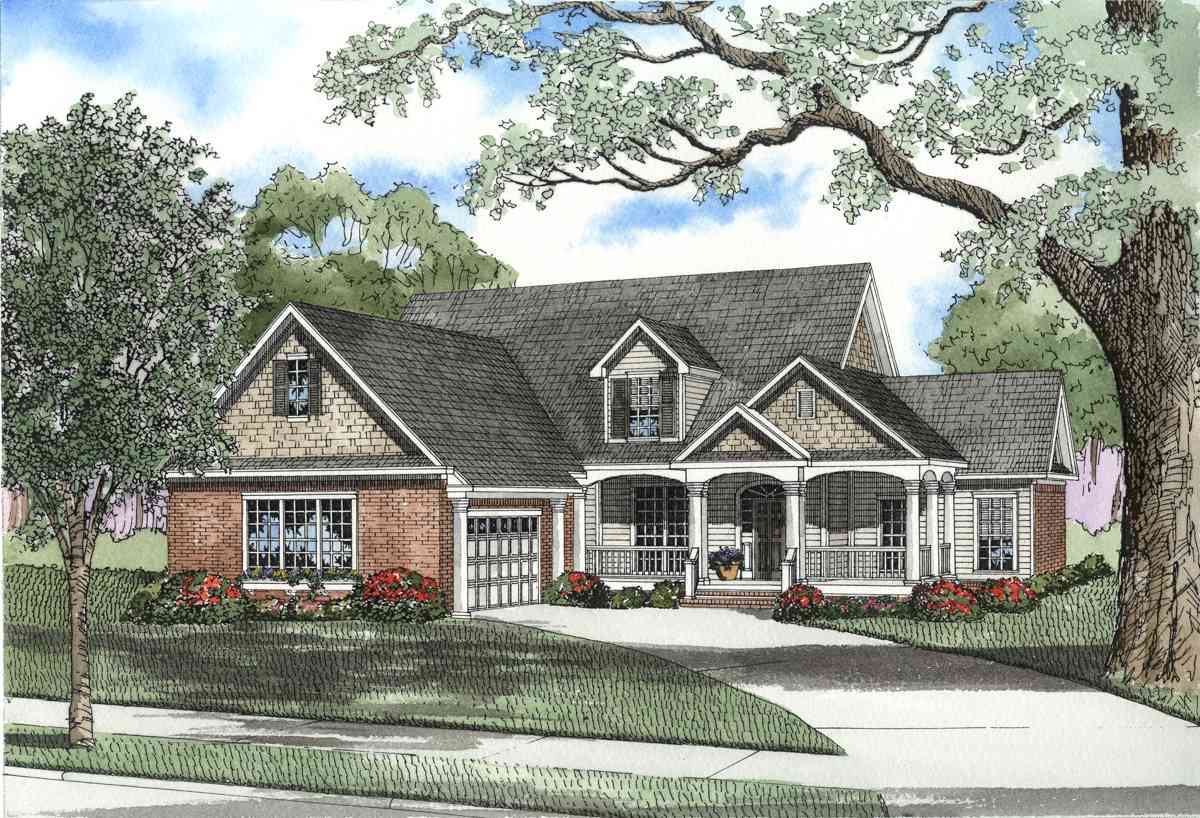 House plan exterior shows a one-and-a-half-story home with a brick base, siding, gabled dormers, and a wraparound porch.