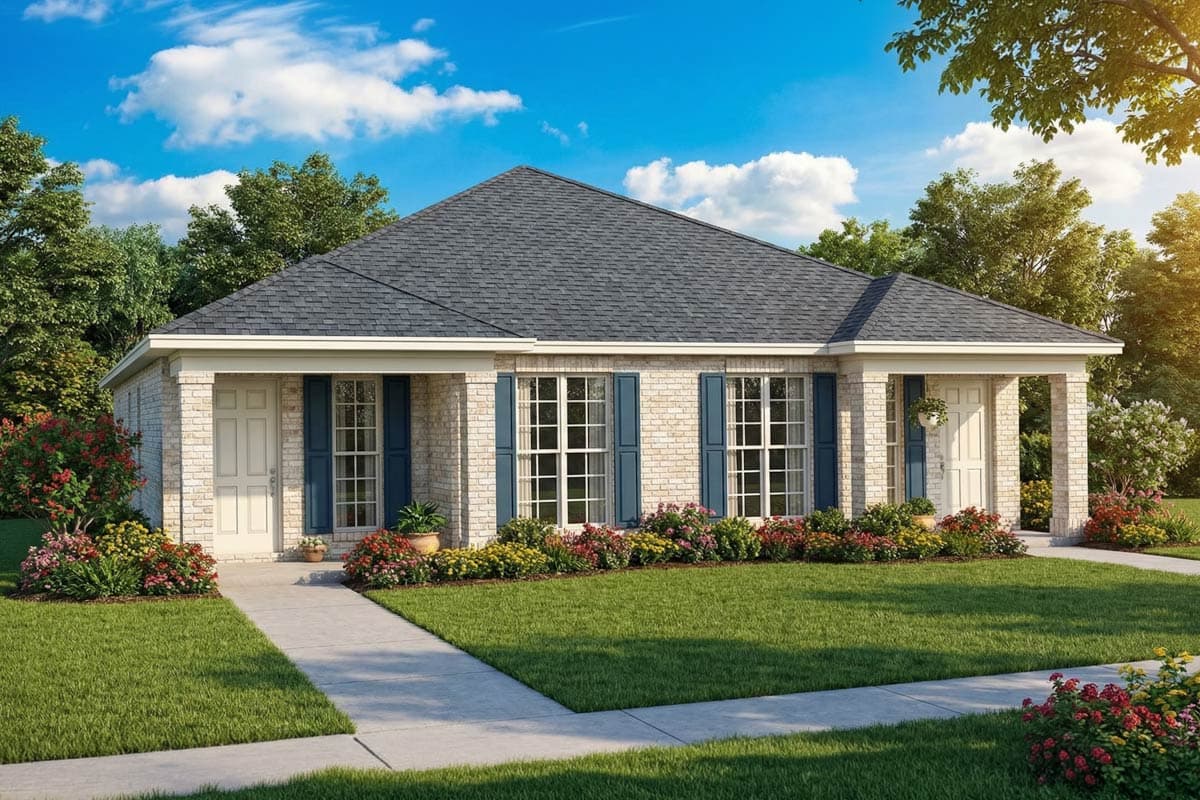 House plan exterior of a single-story brick home with a covered front porch, multiple gables, and green shutters on the windows.
