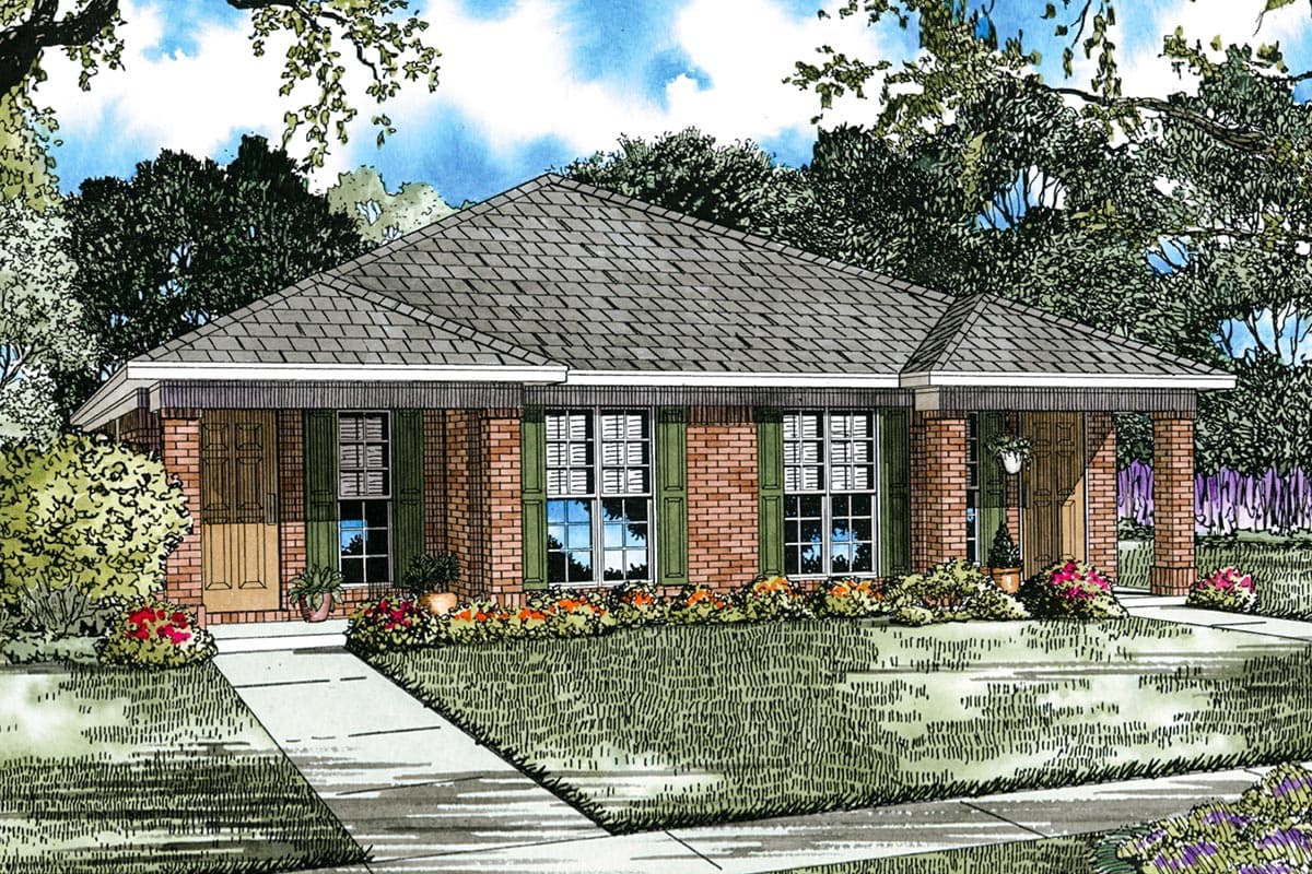 House plan exterior of a single-story brick home with a covered front porch, multiple gables, and green shutters on the windows.