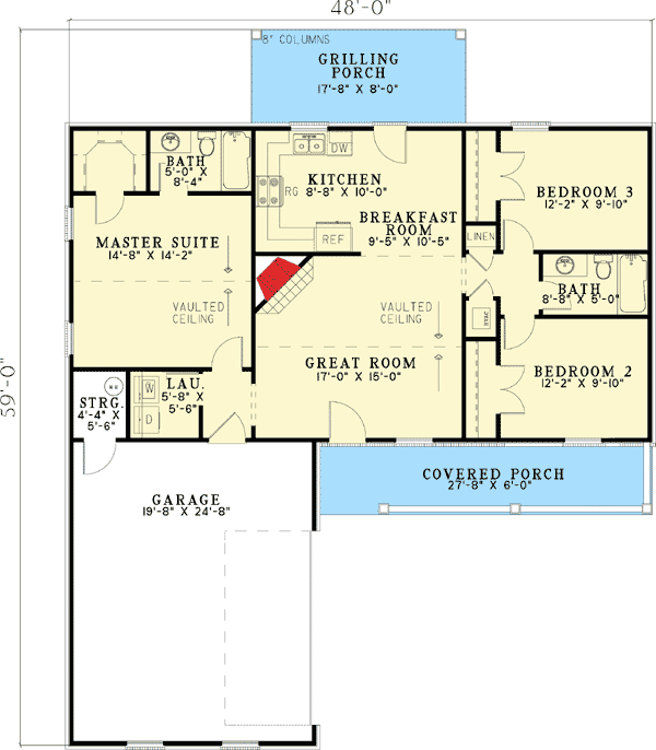 Plan 59371ND: Cozy Split Bedroom Design - Floor Plan - Main Level - Country