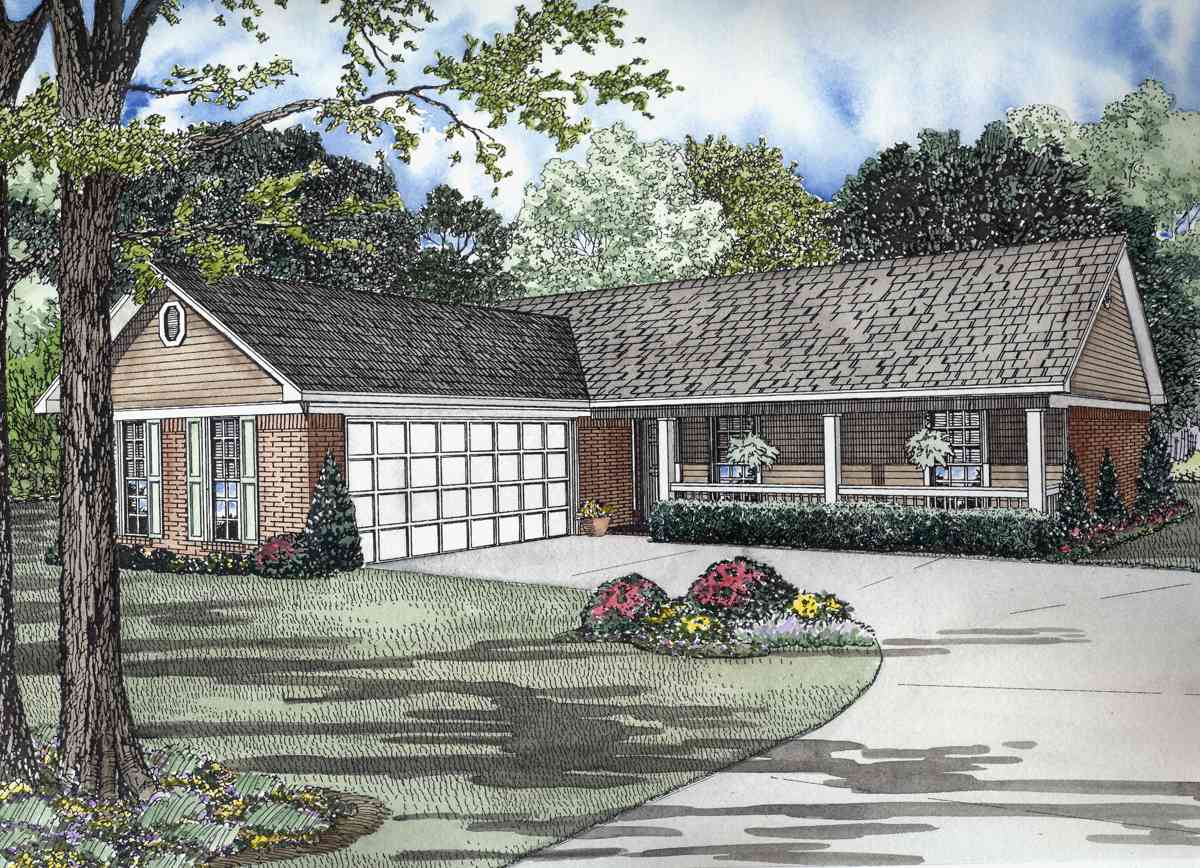 Ranch house plan exterior with two-car garage, brick facade, and covered front porch with white columns.