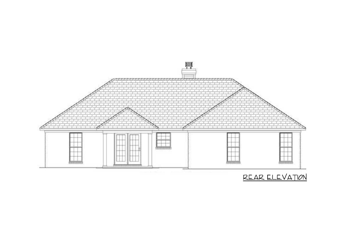 Rear elevation drawing of a one-story house with a hipped roof, double doors, and four windows.