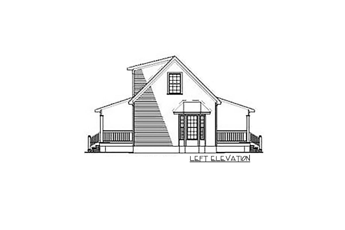 House plan left elevation showing a two-story home with a gabled roof, porch, and horizontal siding.