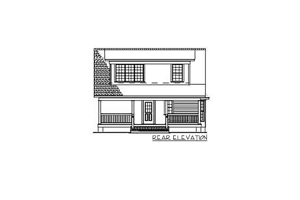 Rear elevation drawing of a two-story house plan with a full-width porch, double front doors, and multi-pane windows.