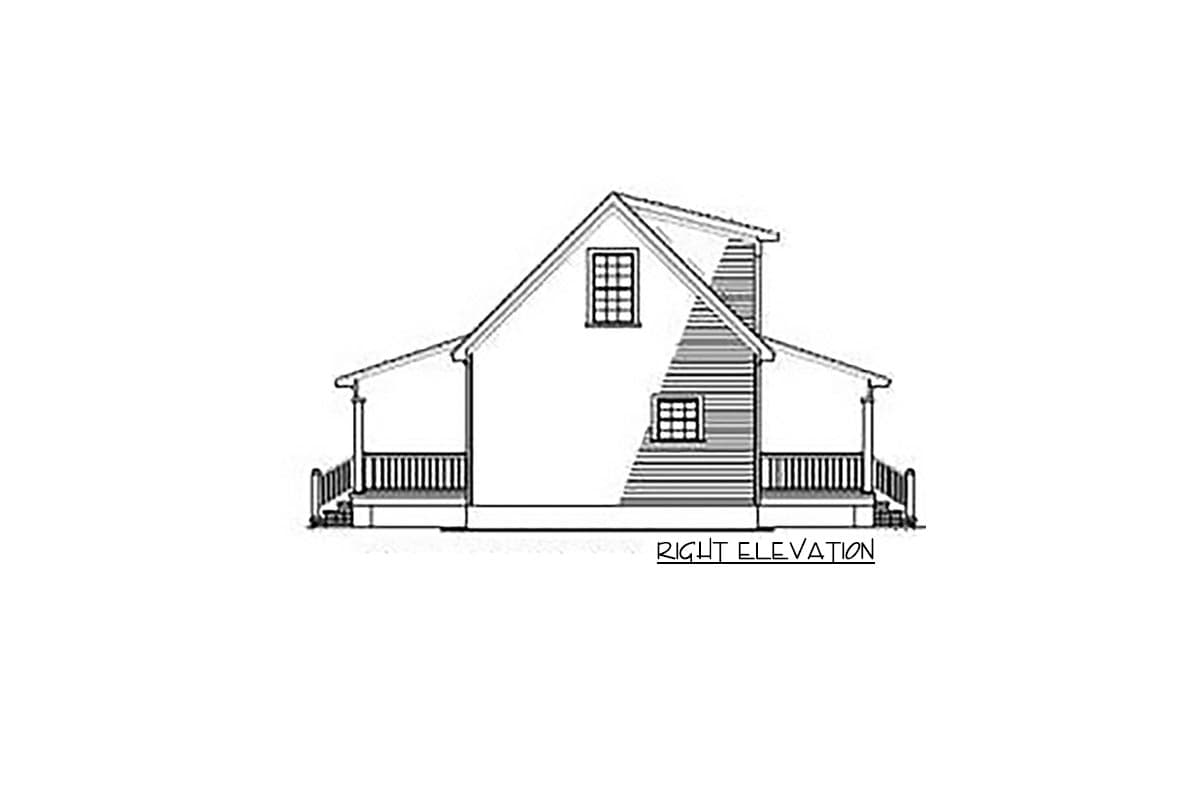 Right elevation of a house plan showing a prominent gable end, two stories, and wraparound porches with railing.