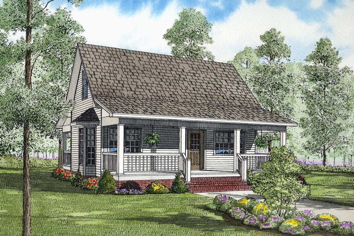 House plan exterior of a one-story cottage with a wraparound porch, gabled dormer, and bay windows.
