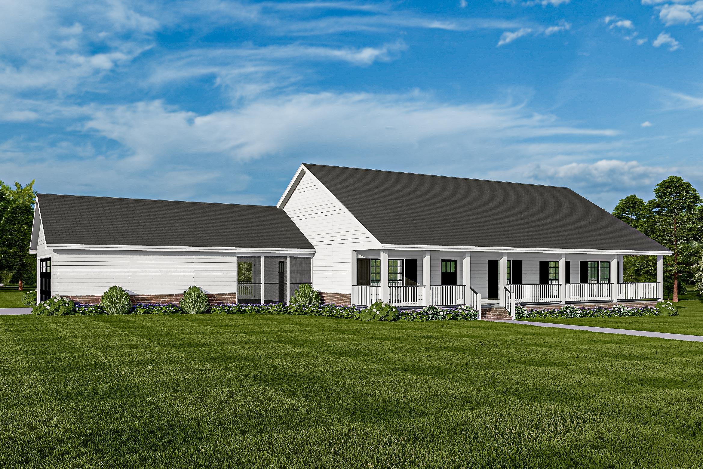 House plan exterior. Ranch style, single story home with a wraparound porch, gabled roof, and screened porch.