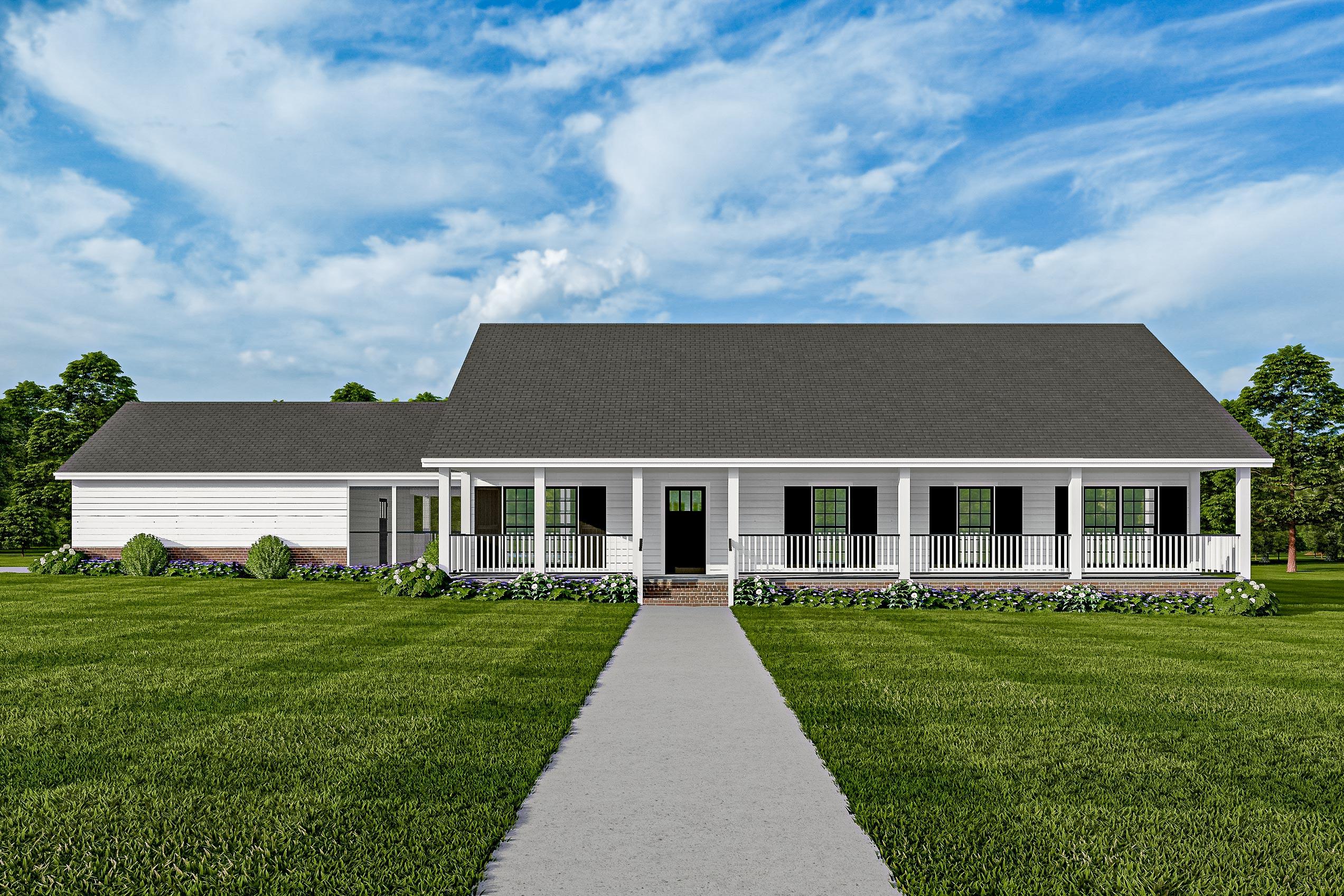 House plan exterior: Single-story Modern Farmhouse with wraparound porch, gabled roof, and attached garage.