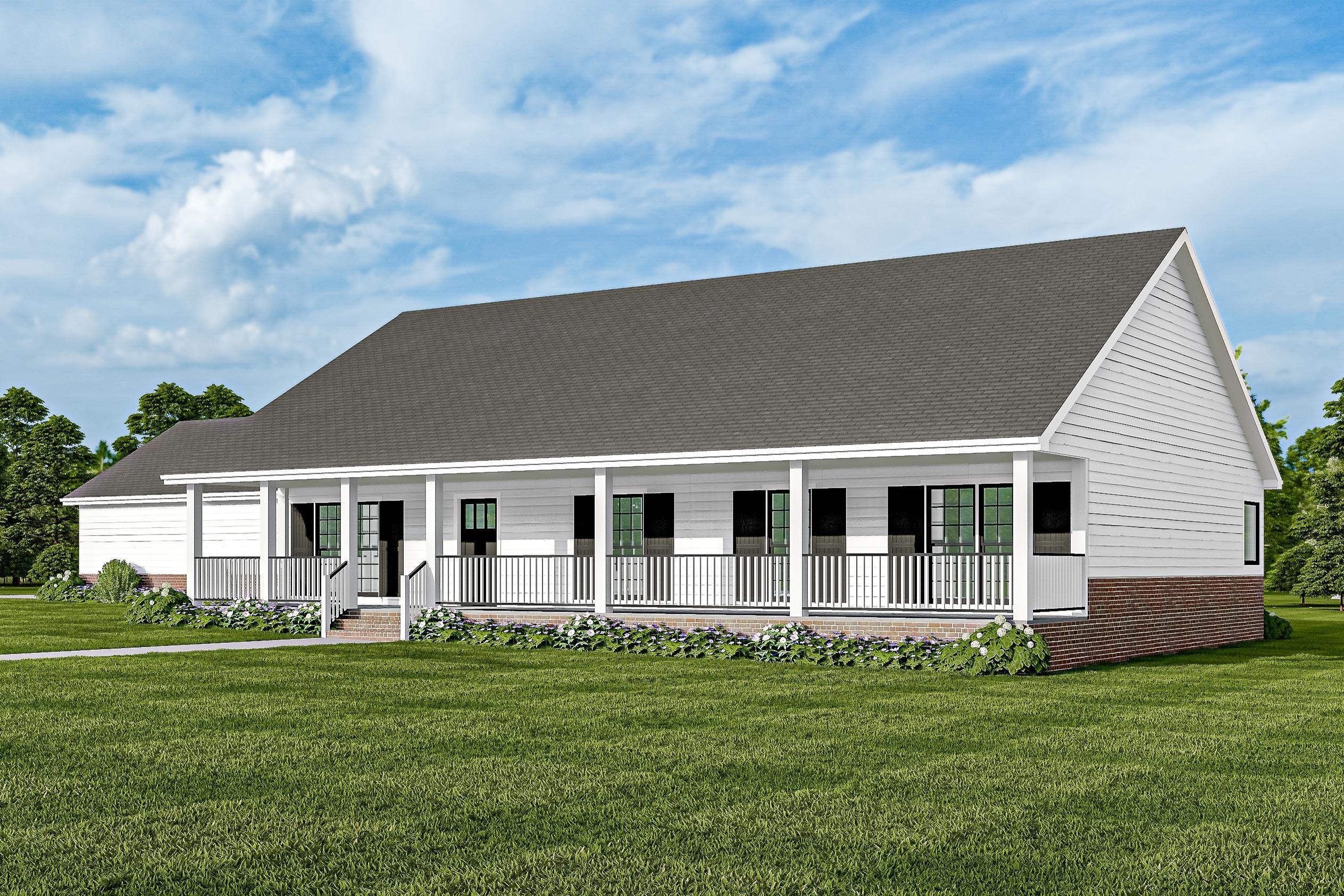 House plan exterior: one-story Modern Farmhouse with wraparound porch, gable rooflines, and white siding.