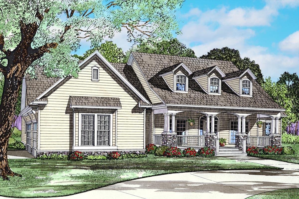 House plan exterior. Ranch style, one-story home with a front porch, three dormers, and multiple gables.
