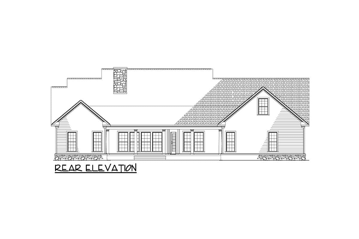 Rear elevation house plan showing gabled dormers, stone accents, a covered porch, and a prominent chimney.