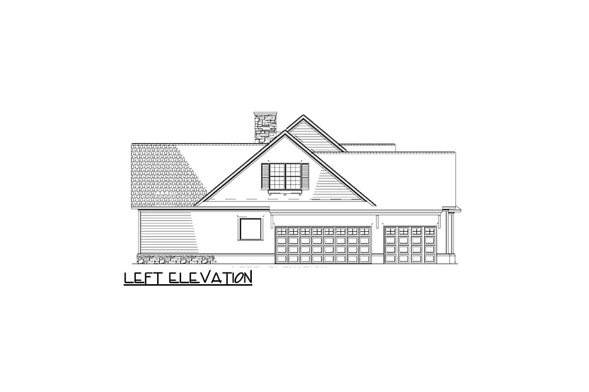 Left elevation house plan with three-car garage, gabled dormer with window, and stone chimney.