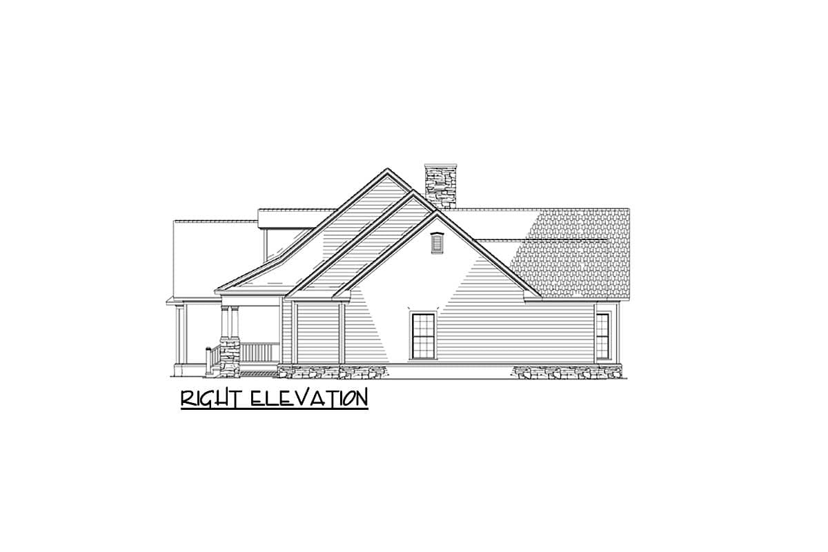 Right elevation house plan drawing with a covered porch, stone foundation, gabled roof, and a chimney.