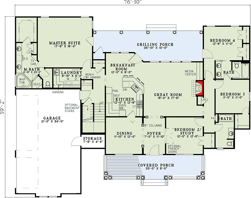 Plan 59377ND: Country Home Plan with Two Bonus Rooms Upstairs - 2373 Sq Ft - Floor Plan - Main Level - Country, Farmhouse