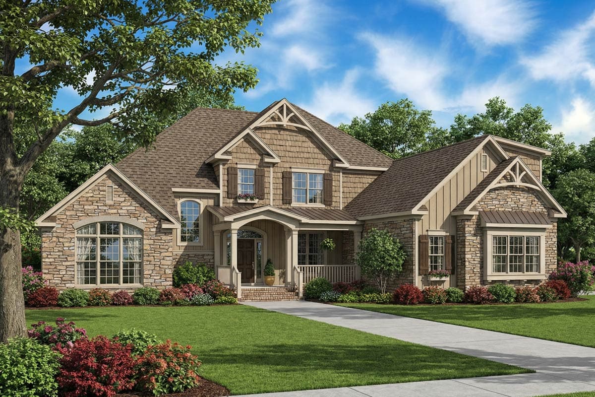 House plan exterior: two-story, stone and shingle siding, gabled entrance with porch, stone accents, and varied rooflines.