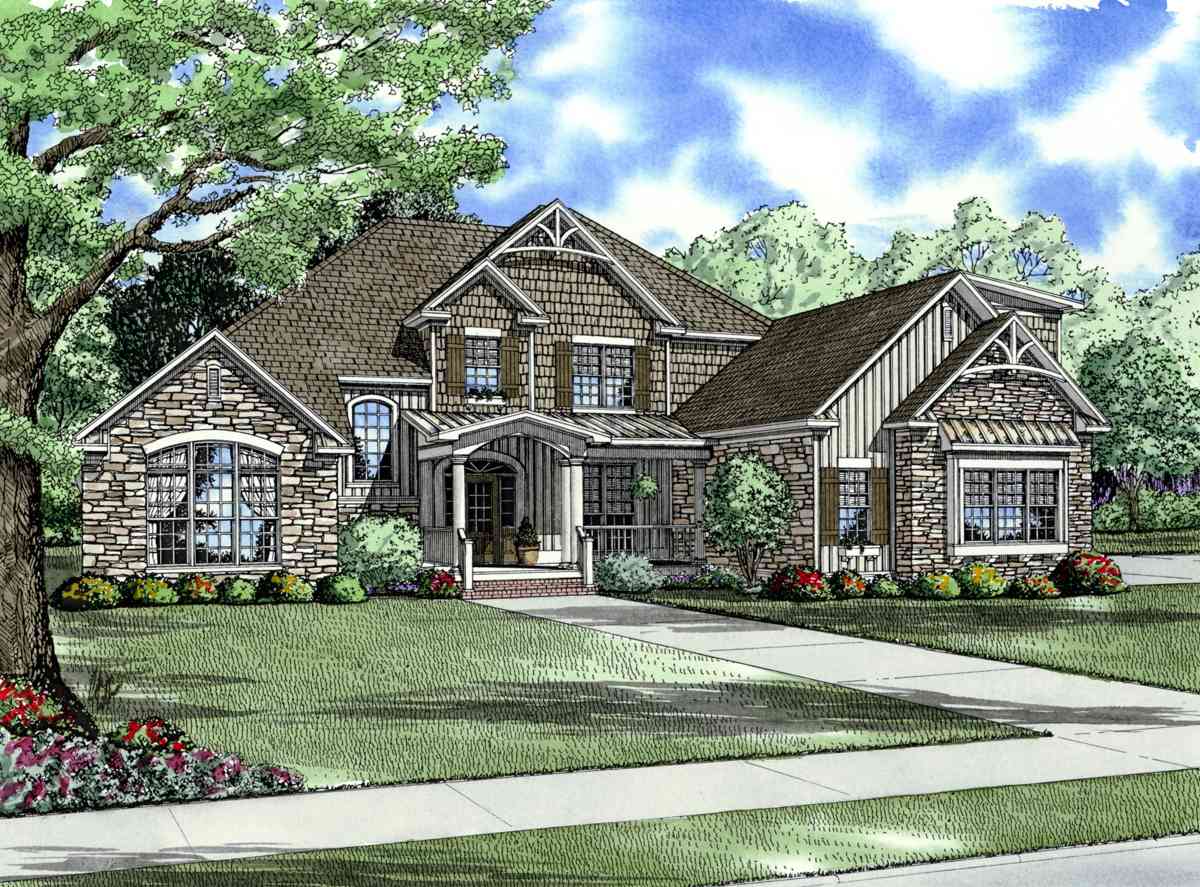 House plan exterior: two-story home with stone and shingle siding, covered front porch, multiple gables, and arched windows.