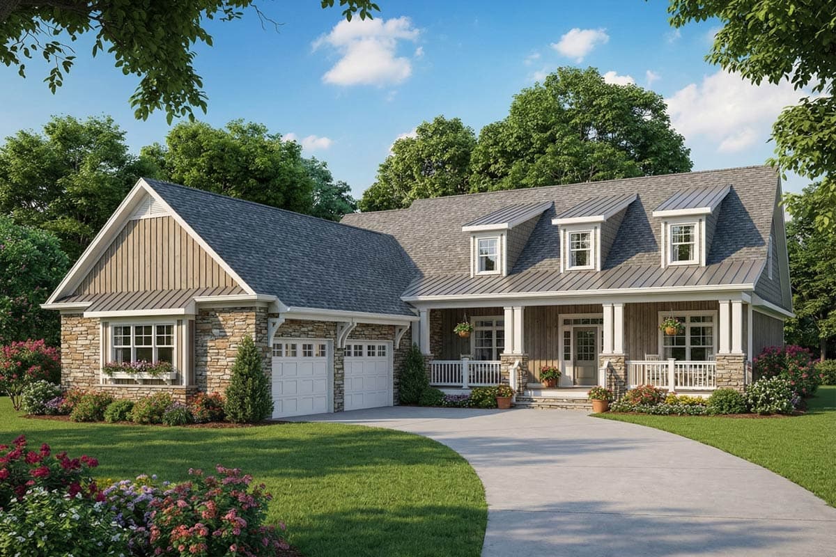 House plan exterior: Ranch style, two-car side-entry garage, stone and wood siding, covered front porch with dormers.