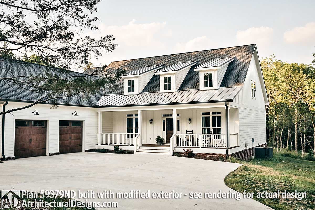 Modern Farmhouse house plan exterior with metal roof, dormers, wrap-around porch, and attached two-car garage.