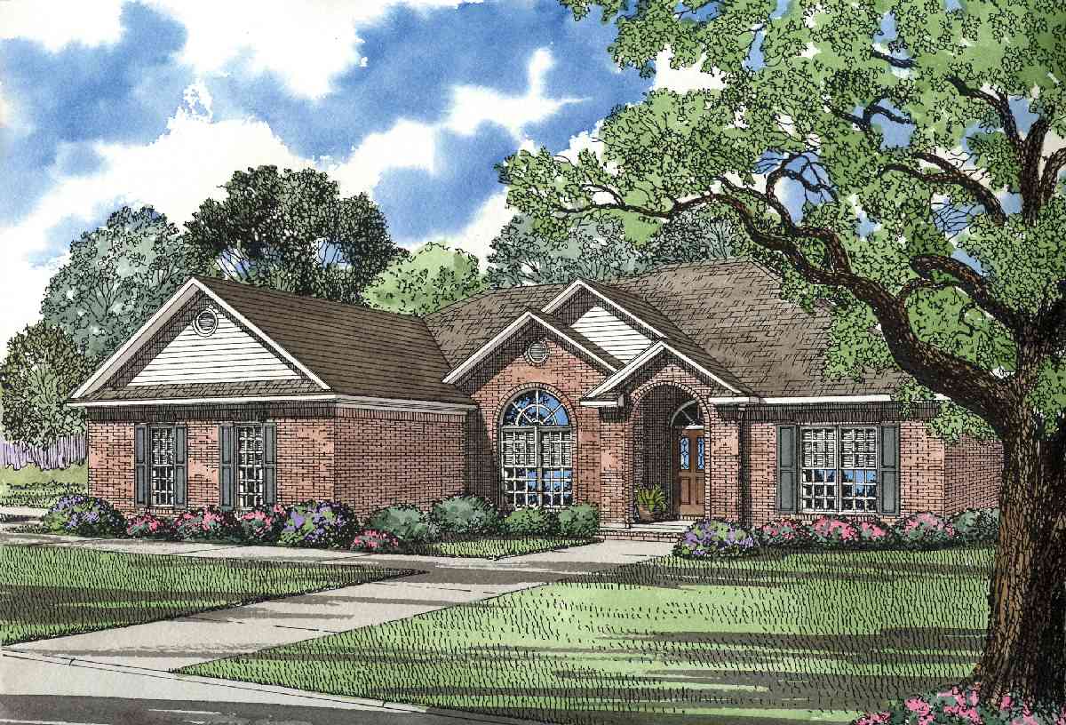House plan exterior: one-story brick home with arched entry, gables, and multi-pane windows.