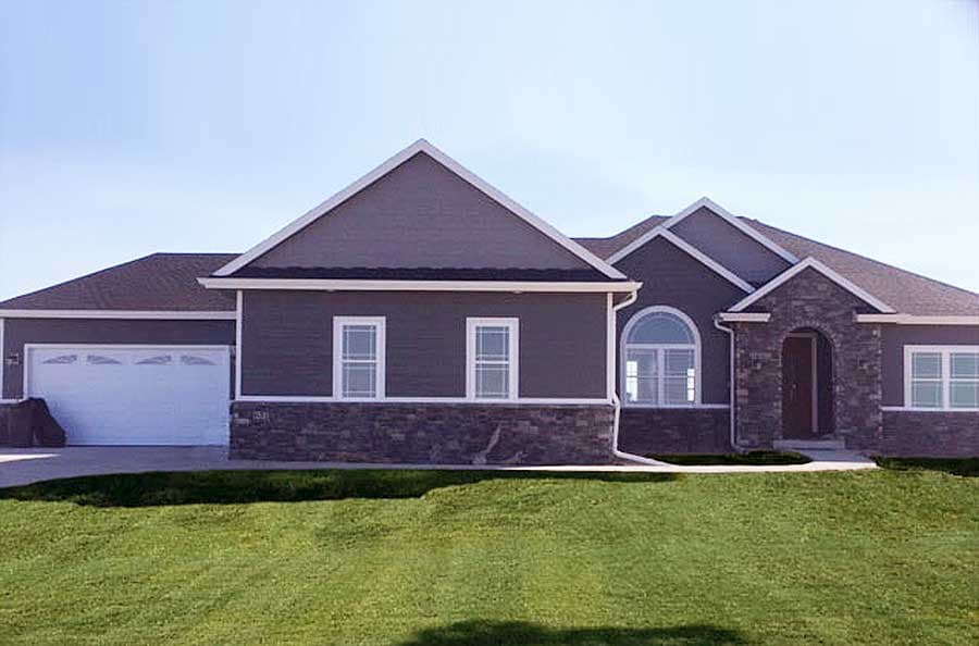 Ranch house plan exterior with attached garage, stone accents, arched entryway, and multiple gables.