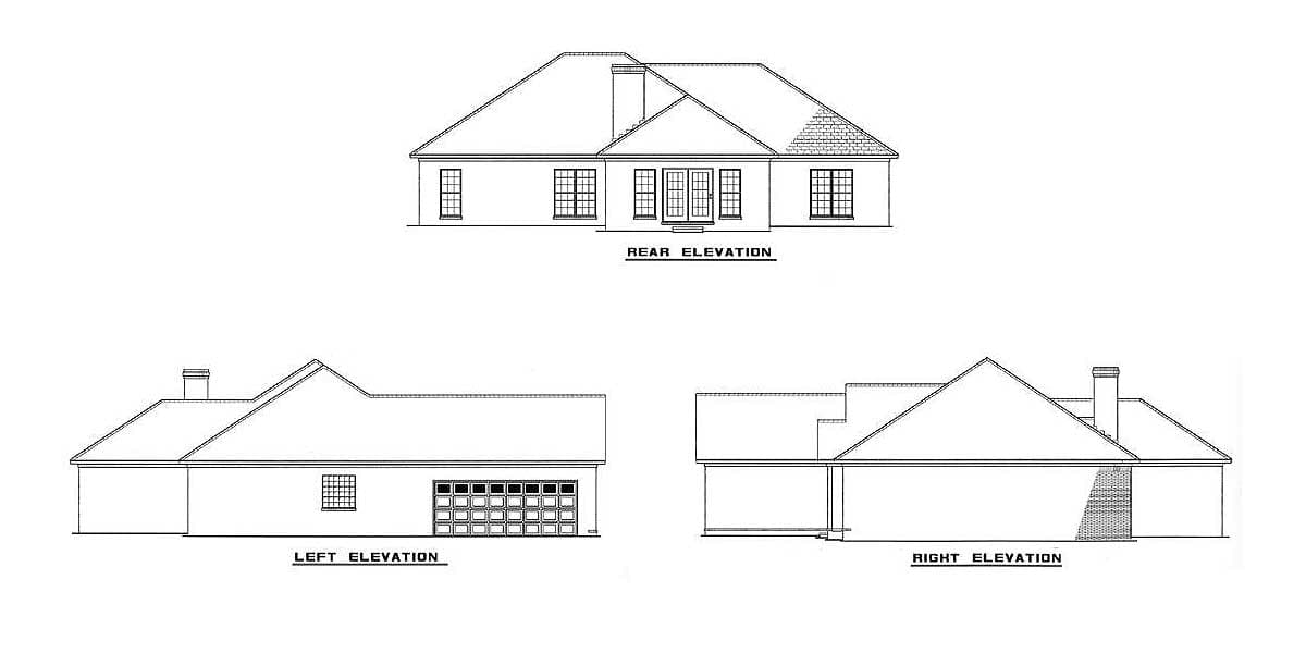 Rear, left, and right elevation drawings of a one-story house plan featuring a symmetrical rear facade with double doors and multiple windows.
