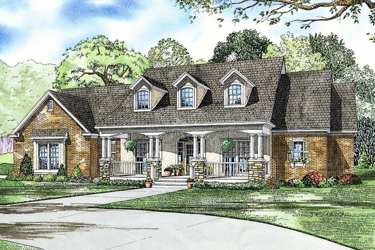 House plan exterior: Ranch style, one story, brick facade, large covered front porch with columns, and three dormer windows.