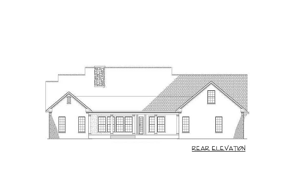 Rear elevation drawing of a house plan with a covered porch, prominent gables, and a stone chimney.