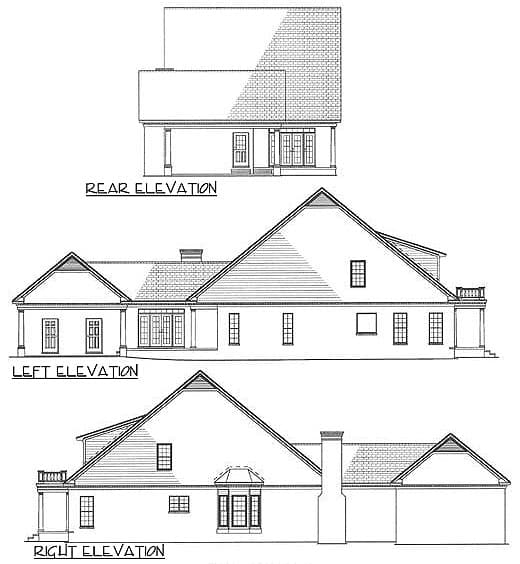 Rear, left, and right elevations of a house plan featuring multiple gables, dormers, a covered porch, and a bay window.