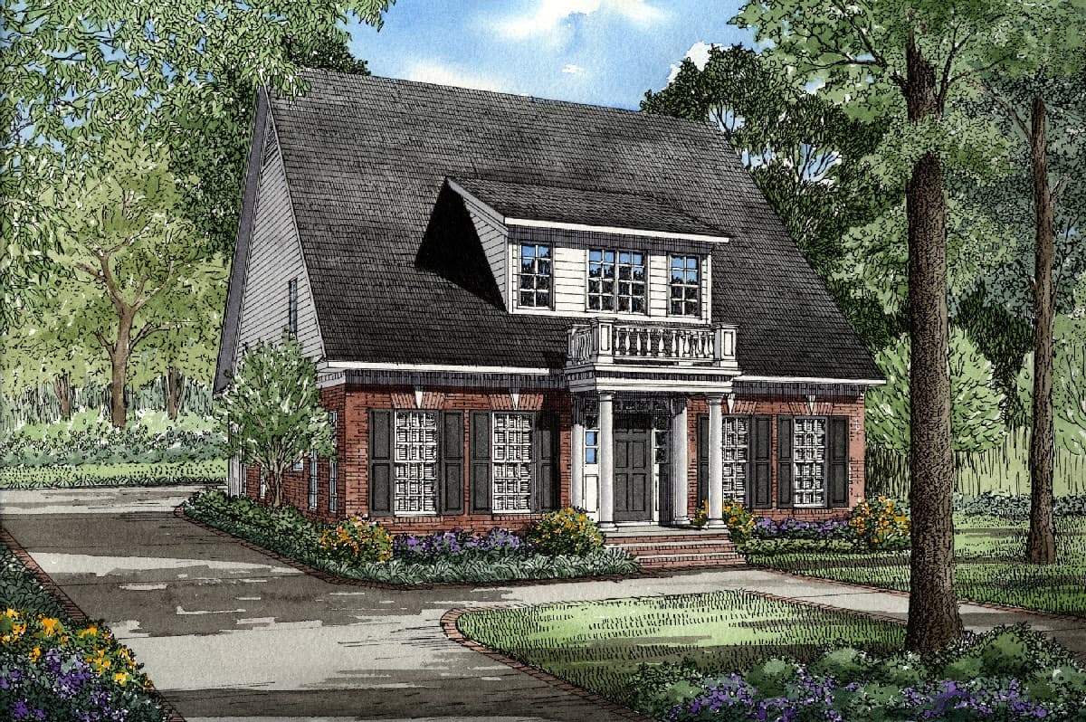 House plan exterior of a two-story brick home with a prominent central entrance, a second-story balcony, and large gabled dormers.