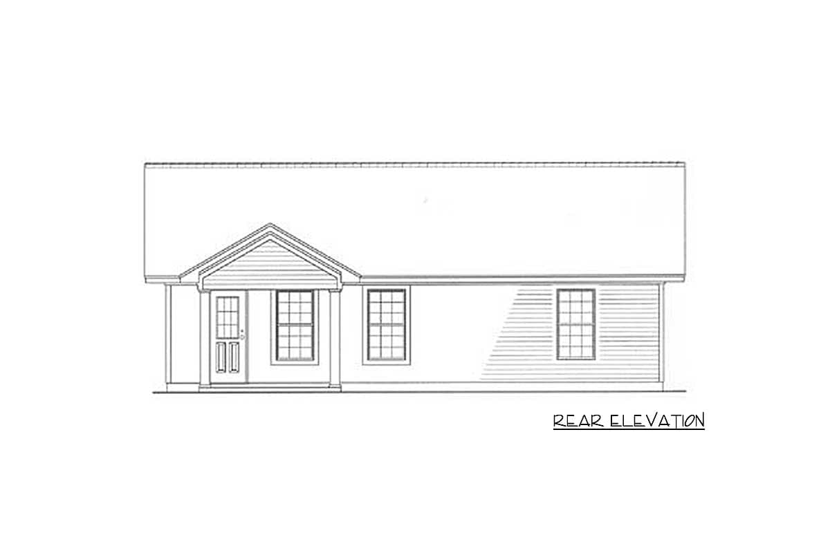 Rear elevation of a one-story house plan with a gabled front entry porch, double entry doors, and three windows.