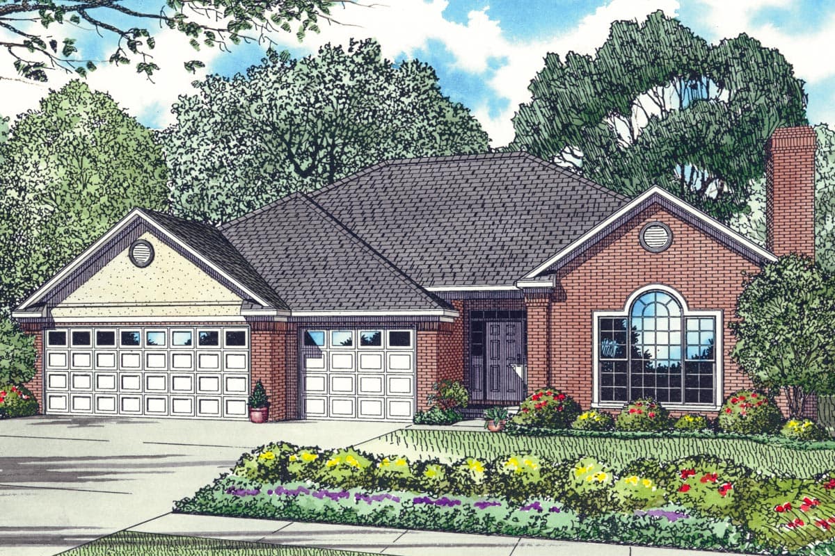 House plan exterior: Brick ranch with a gable roof, attached two-car garage, arched window, and prominent chimney.