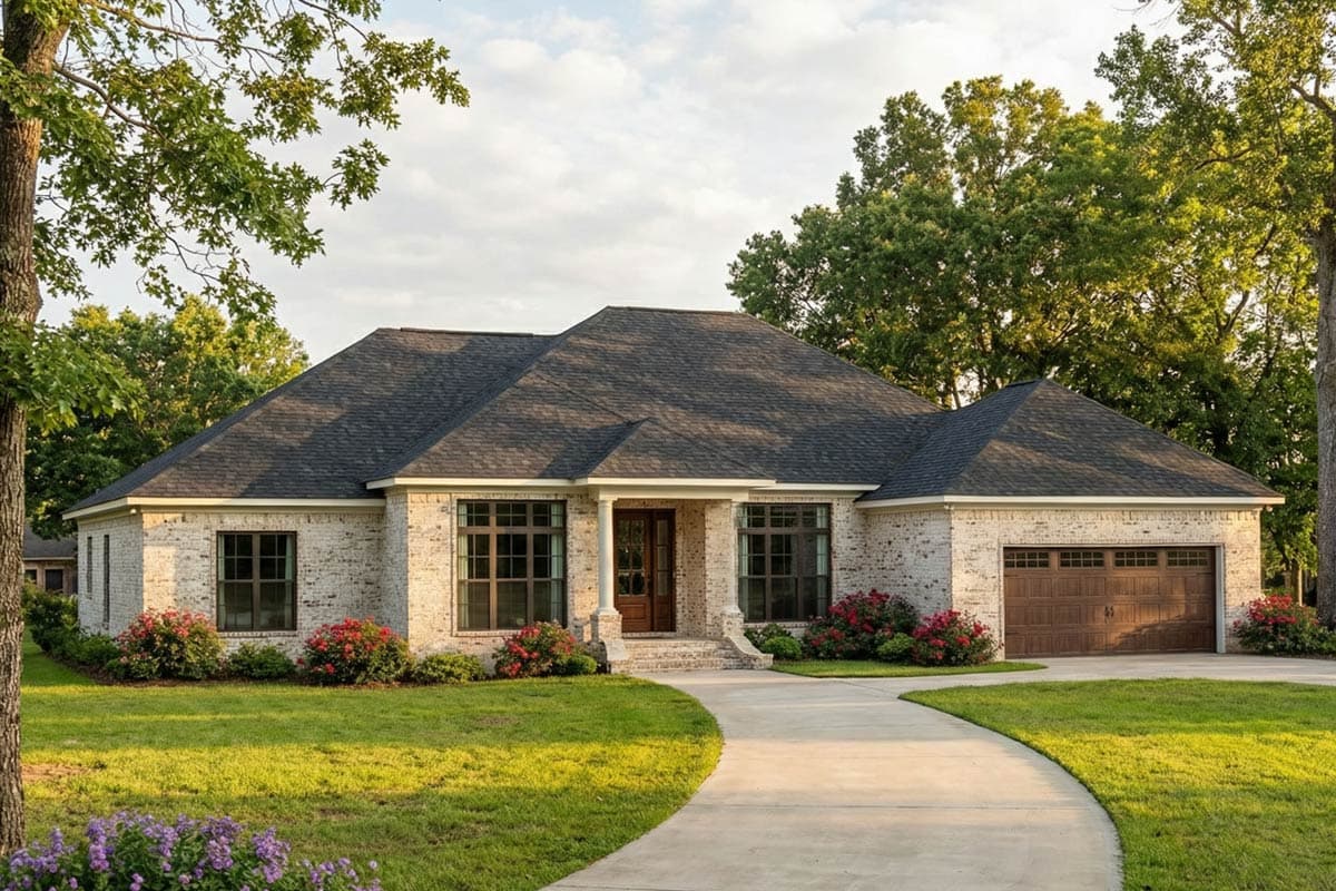 A cream brick house with a dark roof and a curving driveway. Lush green grass and red flowering bushes line the front of the home.