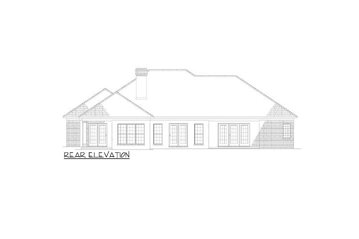 Rear elevation drawing of a house plan showing multiple windows and french doors along the back facade with a pitched roof and chimney.