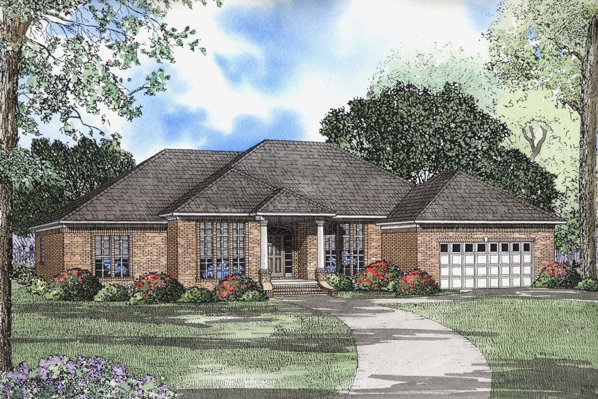 House plan exterior of a one-story brick home with a covered entryway, multiple gables, and a side-entry garage.