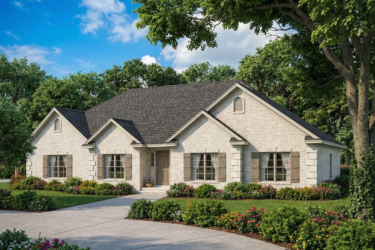 House plan exterior: One-story Modern Farmhouse with white brick, multiple gables, dormer vents, and stone accents.