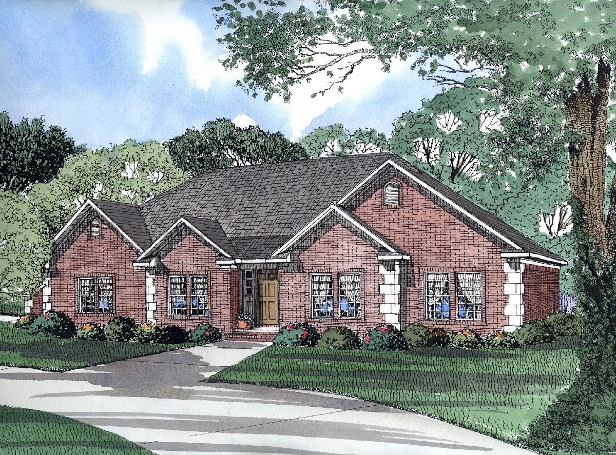 House plan exterior of a brick ranch home with multiple gables, a central entry, and detailed stone accents.