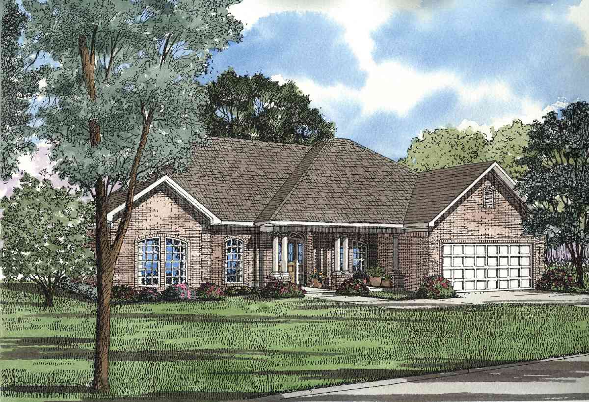 House plan exterior: Ranch style, brick facade, arched windows, covered front porch with columns, and a side-entry garage.