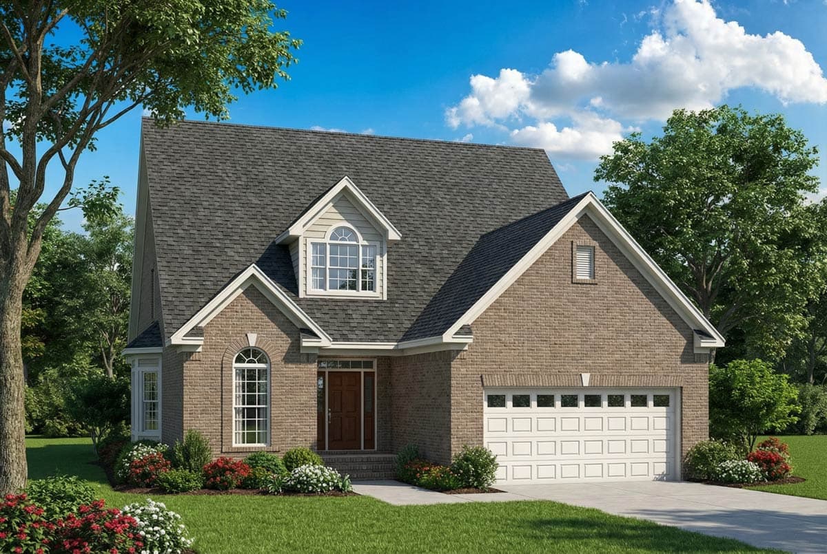 House plan exterior: Two-story brick home with dormer window, arched windows, and a two-car garage.
