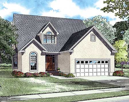 House plan exterior: Two-story home with a gable roof, dormer, arched windows, and an attached two-car garage.