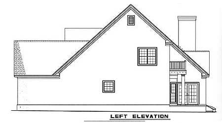 Left elevation drawing of a house plan, showing a prominent gable roof, chimney, and double doors with a balcony above.
