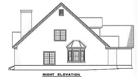 Right elevation drawing of a house plan showing a chimney, gabled roof, bay window, and dormer.