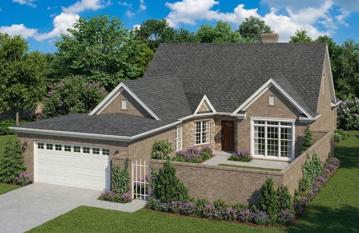 House plan exterior: Brick two-story with gabled dormers, side-entry garage, and stone accents.
