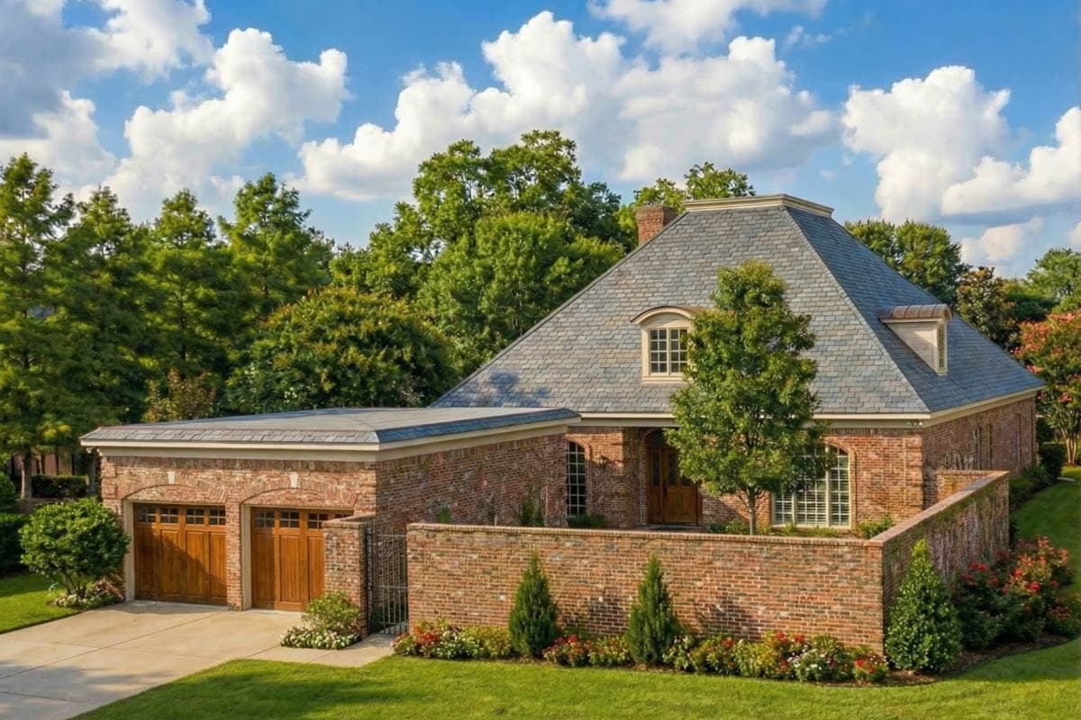 Brick house plan exterior with a slate roof, arched dormer window, and attached two-car garage. A low brick wall surrounds the front.