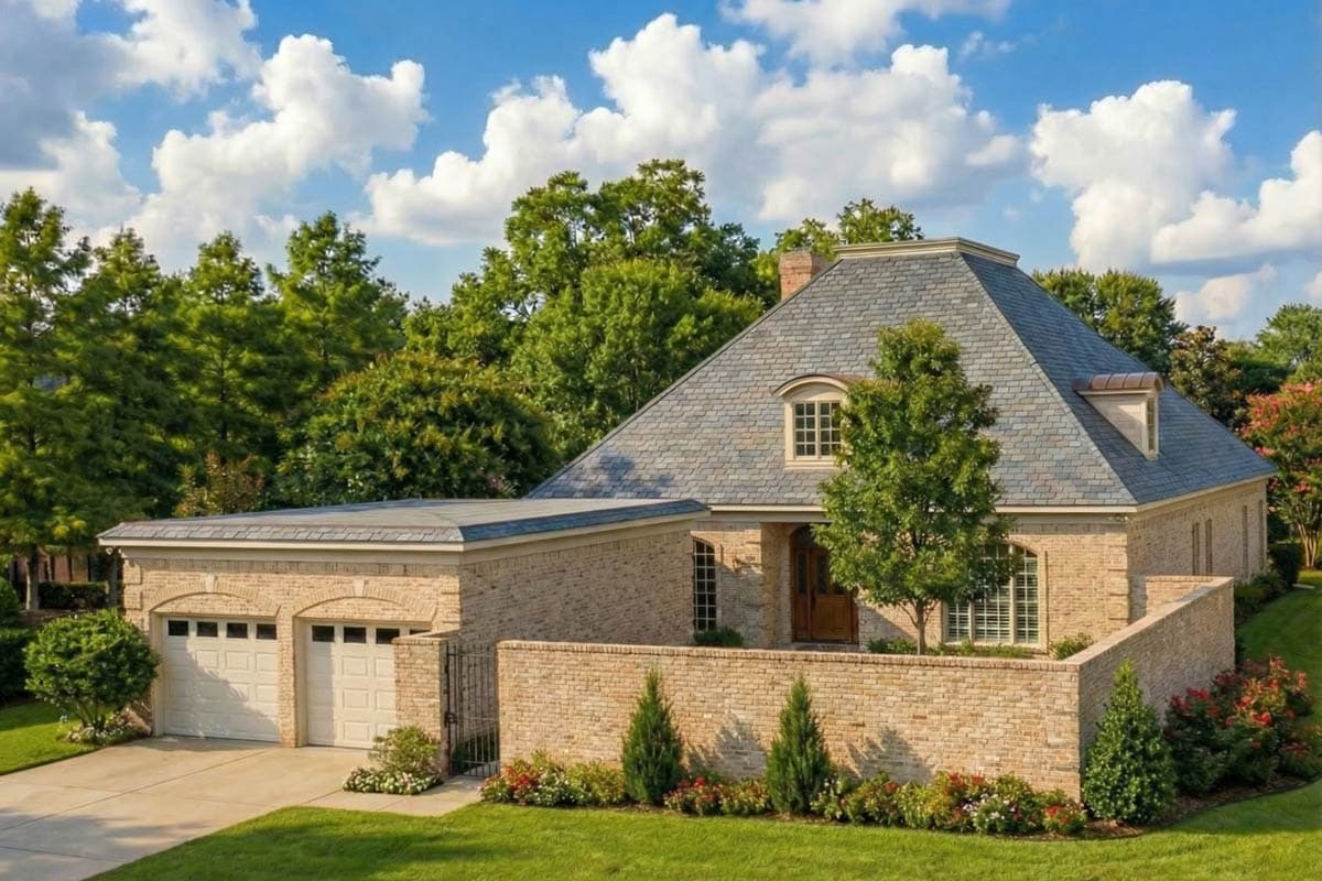 A stately brick home with a gray slate roof, a garage, and a brick wall. Lush green lawn and trees surround the home under a blue sky.