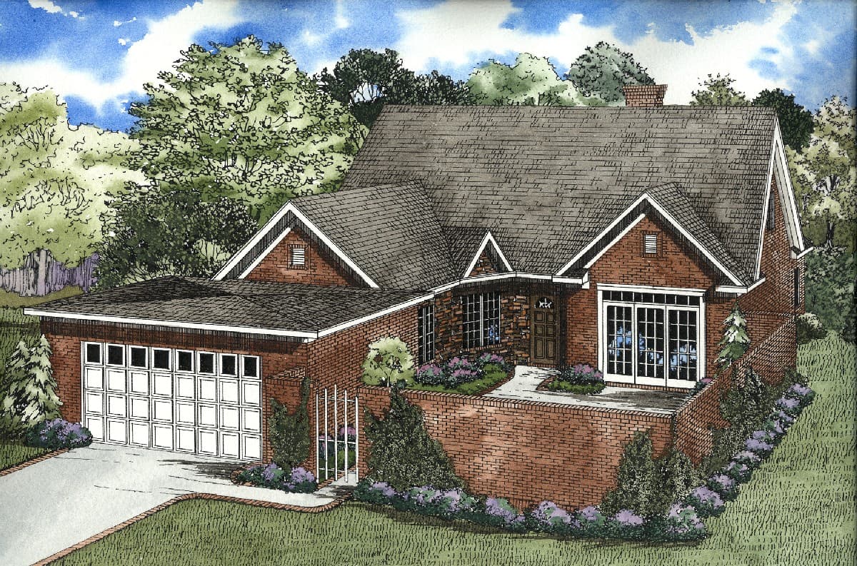 House plan exterior: brick, one-story with attached garage, multiple gables, and a prominent entry.
