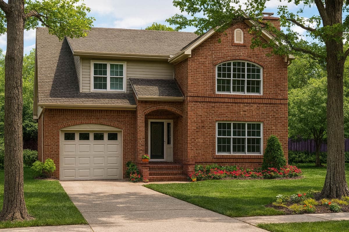 House plan exterior: Two-story brick home with attached garage, arched entry, and dormer.