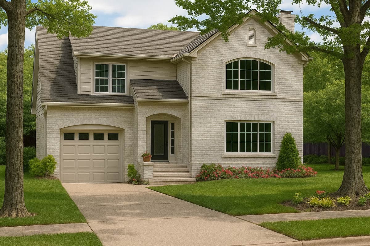 House plan exterior: Two-story brick home with arched entryway, integrated garage, and large arched window.