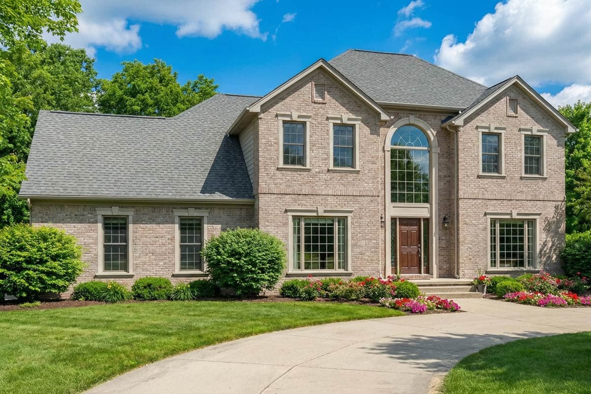 Two-story brick house plan exterior with arched entryway, multiple gables, and a dormer.